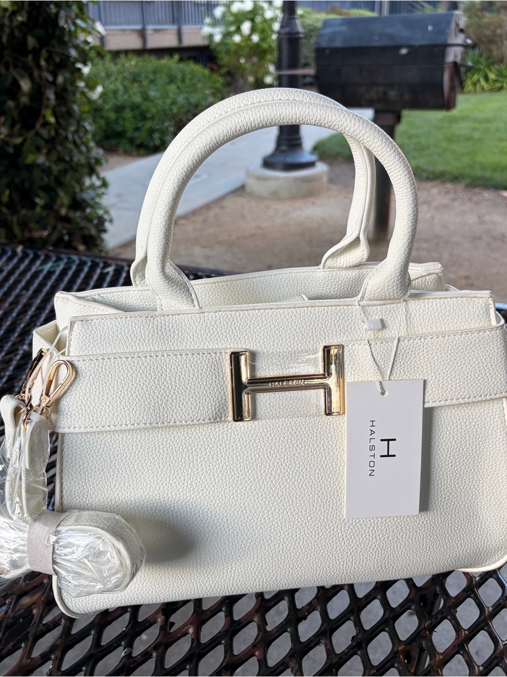 Halston Heritage White Pebbled Leather Satchel with Gold H Accent